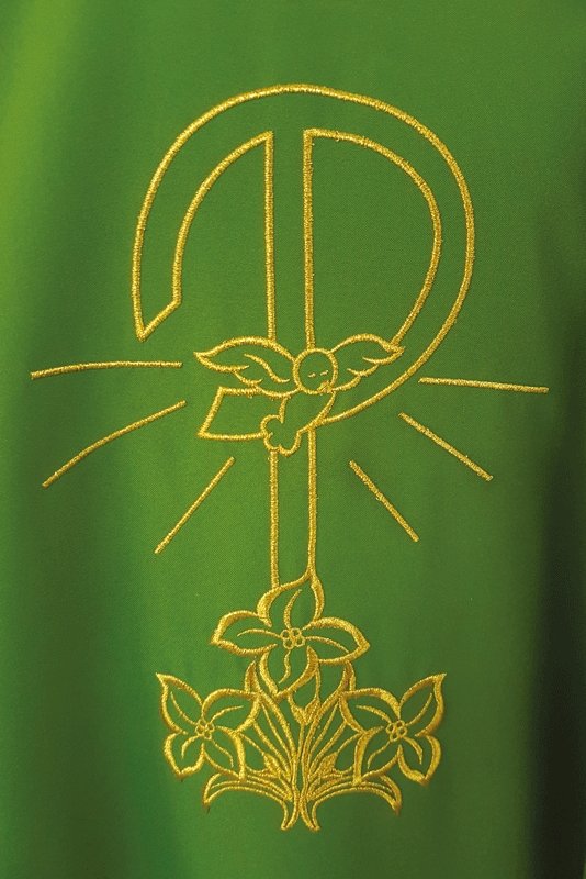 Casula con ricamo pace - gigli sul davanti e sul retro - luxdei.it